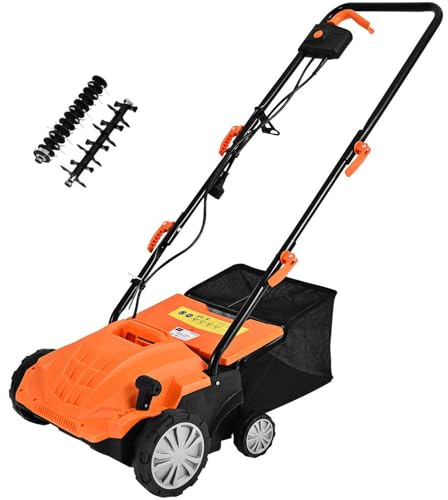 GYMAX Scarificatore Arieggiatore Elettrico, Rastrello, Design 2 in 1, Altezza Regolabile, 30L Sacchetto per la Raccolta dell'Erba, Maniglia Pieghevole (Arancione)