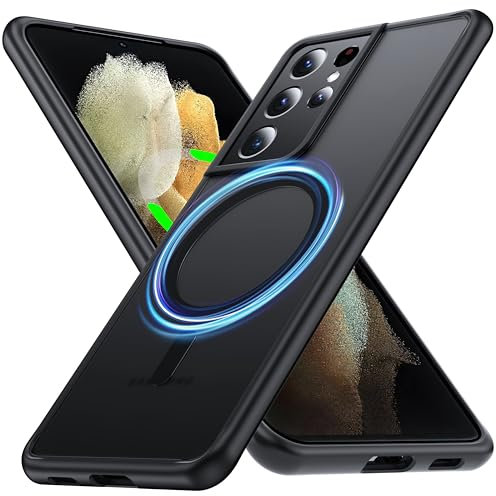 FNDMIL [NO.1 Magnetisch] für Samsung Galaxy S21 Ultra Hülle mit MagSafe [Translucent Matt][Anti-Fingerabdruck][Militär Stoßfest]Hardcase mit Weich Silikon Handyhülle für Samsung S21 Ultra Case Schwarz