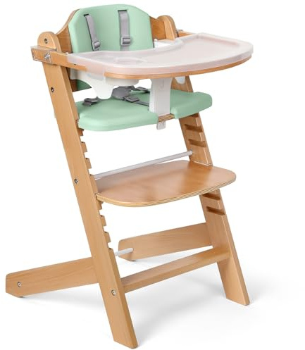 Cowiewie Hochstuhl mitwachsend ab 6 Monaten bis 90kg - Hochstuhl aus Naturholz, 8-fach höhenverstellbar - Mit abnehmbarem Tablett, 2 Tellern & gepolstertem Sitz für Baby, Kleinkind & Erwachsene (Grün)