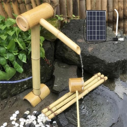 Fontaine d'eau Feng Shui pour jardin zen Fontaine à eau solaire en bambou, décoration de jardin zen avec pompe et alimentation solaire, fontaines d'extérieur en bambou avec accents de bambou Feng Shui