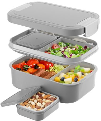 LEIKEEGO Lunch Box Adults,1900ml Large Capacity Bento lunch box with 4 Compartment,Leak-Proof Bento Box for Kids,Office,School(Grey)