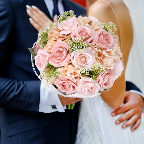 M METERXITY Brautsträuße für die Braut, künstlicher Blumenstrauß für Hochzeit Brautsträuße für Braut/Brautjungfer, Sträuße mit Seidenband [Bohnenpaste Farbe]