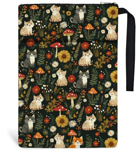 Hobbspring 1pc Floral Cat Book Covers 34x24cm Polyester Book Sleeve Books Protectors with Zipper and Front Pocket for Students Teachers and Bookworm Back to School