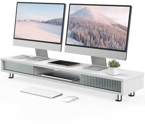 Fenge Dual Monitorständer 108cm Großer Bildschirmständer mit 2 Glas-Schiebetür Höhenverstellbarer Monitorständer für Computer/Laptop/TV, Tragfähigkeit 50KG (Weiß)