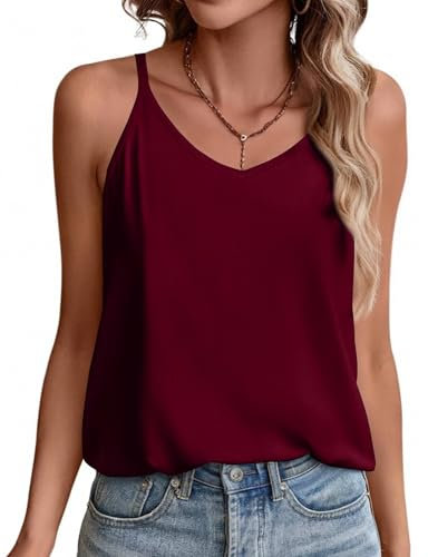 Zeagoo Spaghetti Top Damen Basic Summer Tops V-Ausschnitt Tanktop Rückenfreies Cami Top Ärmellos Shirt Weinrot L
