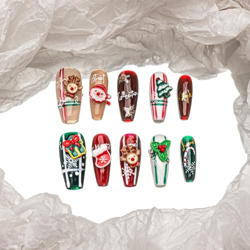 Sun&Beam Nails Handmade Press-On Nails Long Ballerina Red Green (#195 M) | Handmade 10-piece set with glossy red and green holiday art, plaid lines, white snowflakes, and raised accents