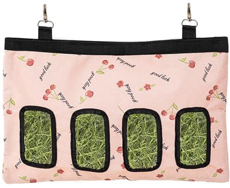 GIEEU Futtertasche für Kaninchen, Meerschweinchen & kleine Nager, Heu-Futterspender mit 4 Löchern, Rosa, Oxford-Gewebe, für Reisen & Haushalte mit mehreren Haustieren