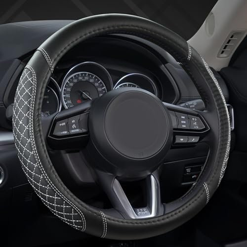 GIANT PANDA Lenkradbezug aus PU-Leder, Kompatibel mit Renault runden Lenkrädern,Diamantgesteppt-Schwarz+Grau