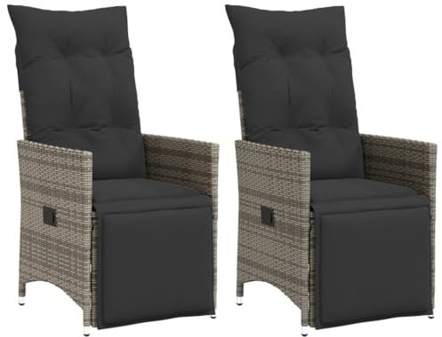 Gecheer 2 STK. Gartenstühl Verstellbar, Gartenstuhl mit Kissen, Gartensessel mit Liegefunktion, Stuhl, Terrassenstuhl, Grau Poly Rattan