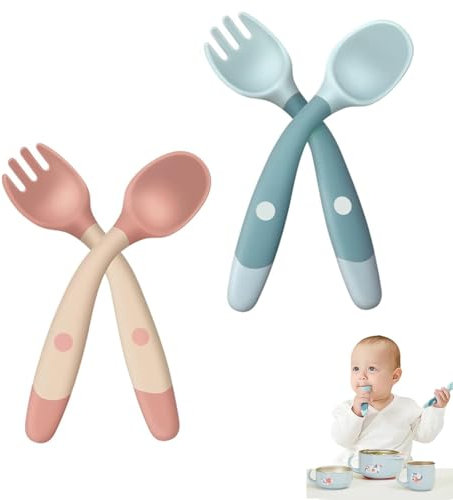 LONZIKP 4 Stück Kinderbesteck Ab 1 Jahr, Esslernbesteck, Lernlöffel Baby, Esslernlöffel Baby, Baby Besteck, Baby Lernlöffel, Esslernlöffel, Besteck Baby, Babylöffel, Baby Gabel (blau, rosa)