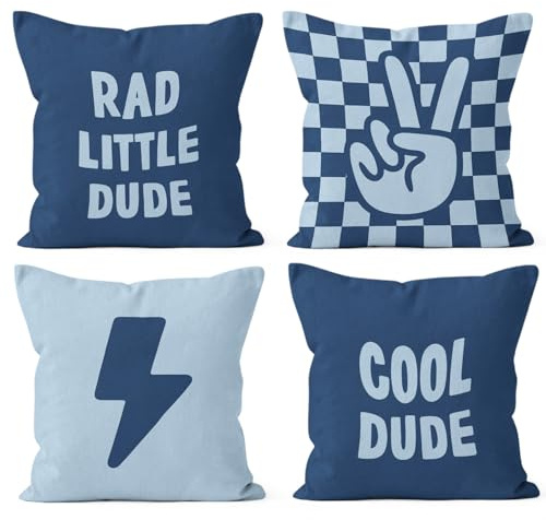 HIWX Rad Little Cool Dude Preppy Purple Checkered Peace Sign Lightning Kissenbezug Wurfkissenbezug, trendige adrette Dekoration für Sofa, Bett, Jungen, Jugendzimmer, Wohnheim, 45,7 x 45,7 cm, 4 Stück