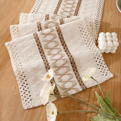 Beige Tischläufer Boho Makramee Braun Jute Tischläufer Bauernhaus Häkelspitze Mesh Hochzeitsdeko Frühling Sommer Vintage Tischdeko Esstisch für Küchen Hochzeit Partys Esszimmer 30x140