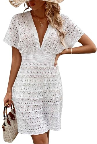 MUNSKT Camisa de Bikini Blanca Vestido de Playa Vestido de Ganchillo Moderno con diseños entrelazados Abiertos Ropa de Playa de Verano con Escote en V