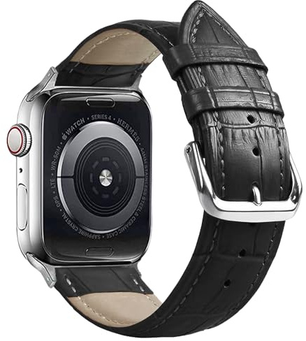 SZYXMY Compatible with Apple Watch Bands 49mm 46mm 45mm 44mm 42mm 41mm 40mm 38mm Alligator-Embossed Genuine Leather Replacement Straps Unisex Fits Series 11/10/9/8/7/6/5/4/3 Ultra/SE 3/2/1 (Black)