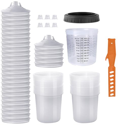 Einweg Farbmischbecher 20 Unzen (600ml) Set, Farbspritzpistole Mischbecher, für HVLP und LVLP Farbspritzpistolen mit 30 Bechern und Deckeln, 1 Hartbecher mit Haltering und 6 Verschlussstopfen (30)