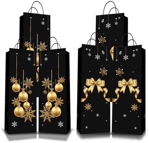 Christmas Bottle Bags Wine Carry Bag,6Pack Black Gold Gift Bags for Wine,Wine Bottle Gift Bag Multipack Kraft Paper WineBags with Rope Handles,Xmas BottleBags for Wines,Whiskey,Spirits,Champagne
