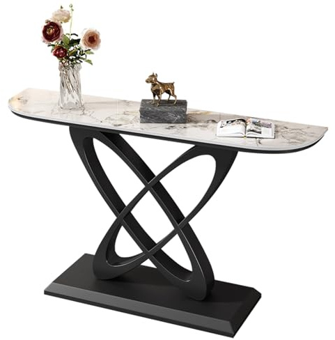 YITAYMLI Table Console Demi-Lune Moderne, Table en Marbre pour Entrée Ultra Étroit, Finition Antique,Base en Métal de Luxe,Plateforme d’Accueil à Coins Arrondis,pour Couloir(BlackC,150CM/59IN)