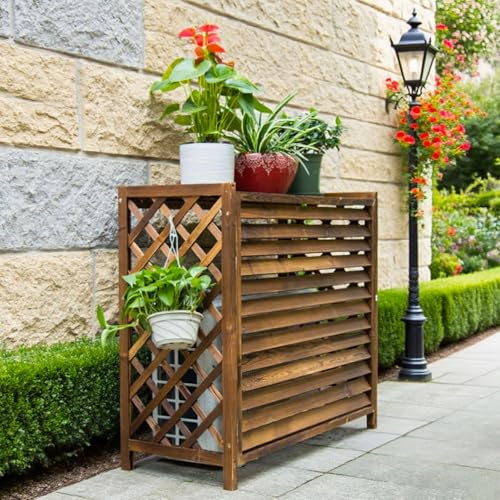 SRKLNVCXEL Cache Climatiseur Extérieur Bois Marron Cache Pompe à Chaleur Extérieur Support de Fleur Anti-Corrosion pour Jardin 86x35x80cm
