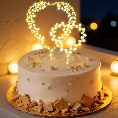 2 Stück Tortendeko Hochzeit, Cake Topper Liebes Herz Perlen mit LED Lichterkette, Herz Kuchen Topper Hochzeitstorte Deko für Geburtstag, Hochzeit, Jahrestag, Party, Valentinstag Dekoration