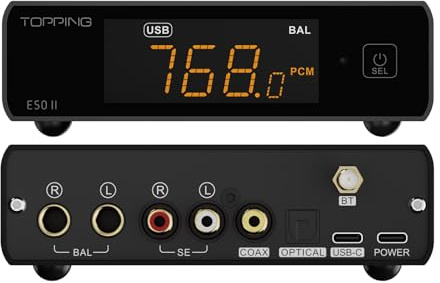 TOPPING E50 II Mini-HiFi-DAC, Bluetooth LDAC, AK4497S, PCM768kHz & DSD512 | USB-C/Koax/Optik/BT-Eingang, 6,35mm TRS-/RCA-Ausgang, THD+N 0,0001%, DNR 131dB, XMOS XU316, anpassbarer PEQ, Vorverstärker