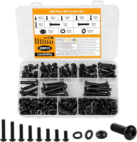 208 PzViti M6, Set di Viti a Testa Tonda con Esagono Incassato e Dadi | Bulloni e Dadi, Kit di Assortimento di Bulloni Viti a Brugola con Rondelle per Macchine Riparazioni, Neri