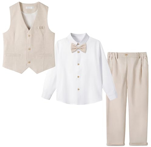 LOLANTA 4 Pièces Costume Garçon Mariage, Lin Gilet Pantalon Vetement Cérémonie Enfant, Tenue en Baptême, Fête d'anniversaire, Gilet+Pantalon+Chemise+Bowtie