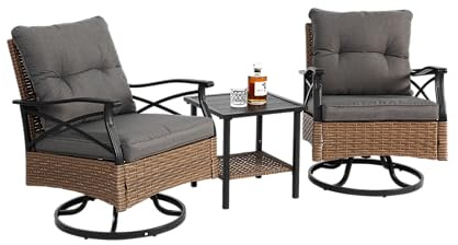 kowdom Gartenmöbel Set mit Tisch & 2 Schaukelstühlen Rattan Gartenmöbel Set drehbar & wetterfest Balkonmöbel Set mit Sitzkissen für Garten & Terrasse