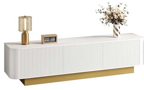 staronce Mueble bajo de 170 x 40,5 x 47 cm – Mueble bajo para TV con esquinas redondeadas y frontal texturado, armario de TV blanco con 3 puertas y estantes ajustables, gestión de cables, aparador de