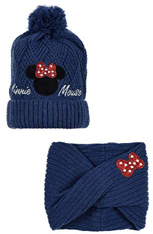 Minnie-Mouse Kinder Winter Strick Set 2 TLG. Mütze und Schal Mädchen, Farbe:Dunkel-Blau, Größe:52