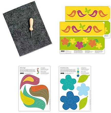 Familienmomente Bastelset zum Prickeln Frühling (1x Vögel, 1x Blumen Blau, 2x Frühlings-Windlichter) DIN A5, 100% Recyclingpapier mit Prickfilz und Prickelnadel