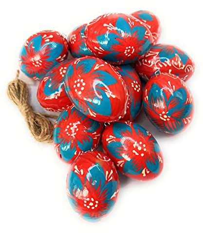 Holz Ostereier 12er Set – Handbemalt & Wetterfest – Osterdeko zum Aufhängen für Innen & Außen – Rot Blau Blumenmuster – Handarbeit aus der Ukraine