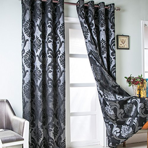 NAPEARL Schwarze Vorhänge für Wohnzimmer, Damast, Vorhänge für Schlafzimmer, 183 cm lang, Ösenvorhang mit schönen Blumenmustern, 2 Stück, je 132 x 183 cm