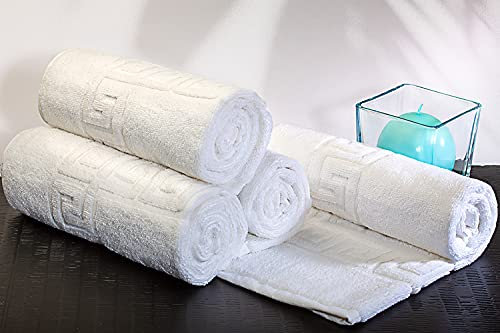 Euromat Hotelqualität Jacquard Frottier 1 St. Badteppich 50x70 cm mit Bordüre in Greek Key- 650 g/m², Weiß, Doppelgewebe Schlaufe, 100% Baumwolle, 95°C waschbar. Öko-Tex