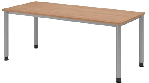 bümö höhenverstellbarer Schreibtisch H-Serie 180x80 cm in Nussbaum, Gestell in Silber - großer PC Tisch für's Büro manuell höhenverstellbar, Computertisch verstellbar