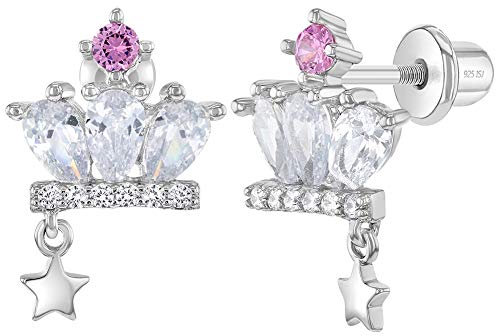 In Season Jewelry 925 Sterling Silber Weiss-Pink Cubic Zirkonia Prinzessin Kronenohrringe Set Mit Schraubverschluss Für Junge Mädchen Und Pre Teens Königlich Und Party Kleidung