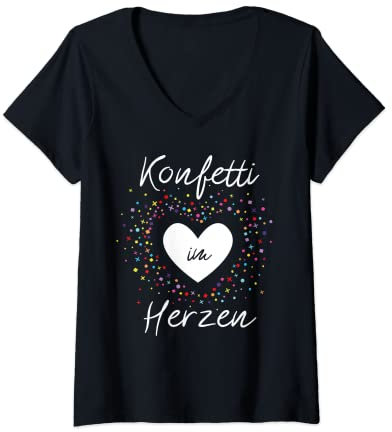 Damen Konfetti im Herzen Karneval Fasching Kostüm Geschenkidee T-Shirt mit V-Ausschnitt