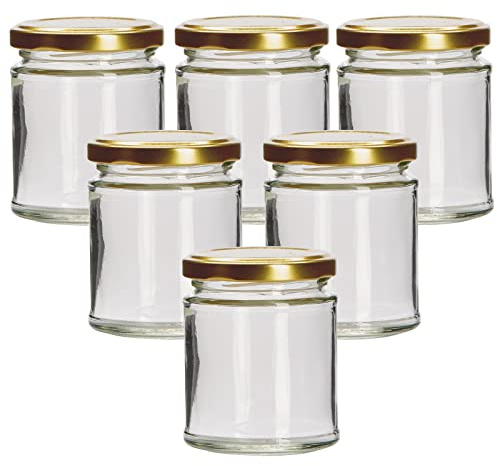 Balliihoo Homebrew Pack Of 6 x 190ml Round Glass Food Jar With Gold Twist Off Lids (Choice Of Lid Colours)