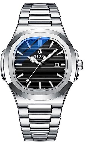 Tiong Herren-Business-Uhr mit schwarzem quadratischem Achteck-Design, wasserdichte leuchtende Quarzuhr für Herren, Datums-Quarzuhr aus Edelstahl für Herren-Black