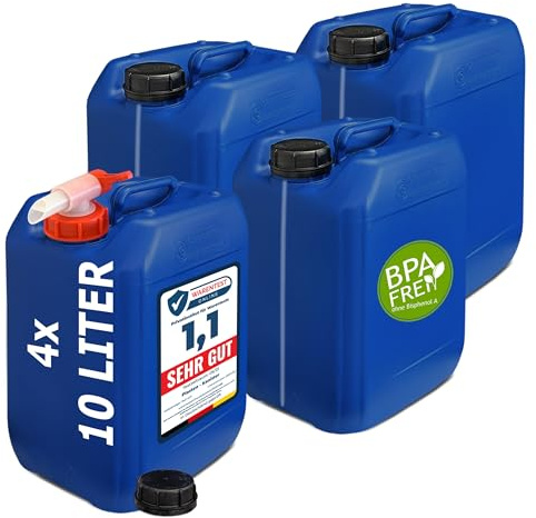 plasteo® 4 bidones de agua para bebidas de 10 l, sin BPA, apto para alimentos, fabricado en la UE, camping, aprobado por la ONU, portátil, interior y exterior, color azul