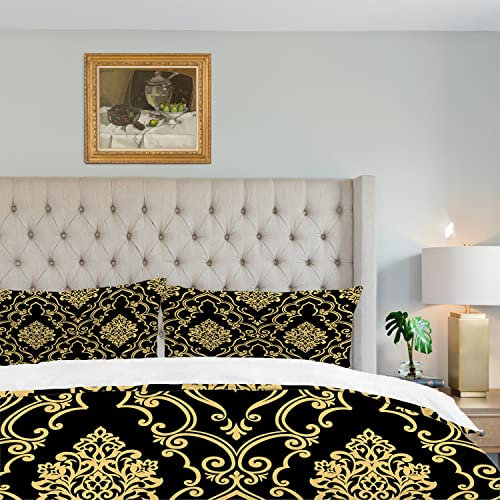 Shrahala Baroque Damask Duvet Cover Set Queen Size, Gold and Black Floral Ornament Scroll 3 Pieces Soft Brushed Duvet Covers with Button Closure, 1 Duvet Cover 90x90 inches and 2 Pillow Shams