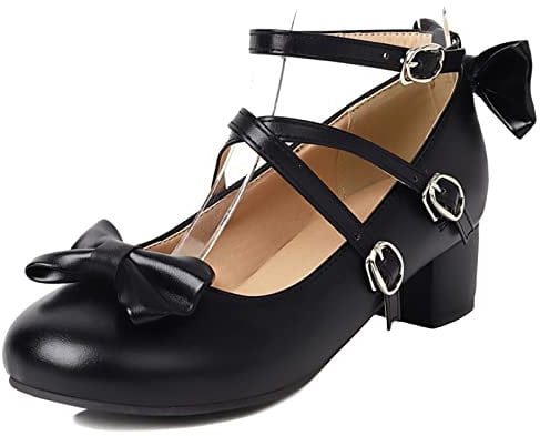 Women Block Heel Mary Jane Shoes Round Toe Casual Court Shoes Buckle Mid Heel Dancing Shoes Ankle Strap Bows, 5850EXS Black Size 9.5 UK/46