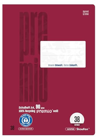 Staufen premio Schulheft - 4 Hefte je 16 Blatt, DIN A4, Lineatur 38 (5mm kariert, Rand perforiert), 90 g/m² Recyclingpapier, runde Ecken verhindern „Eselsohren“