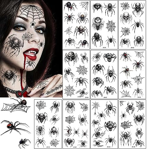 Spinnen Tattoos Halloween10 Blatt,Schaurige SpinnwebenTemporäre Tattoo Sticker,Grusel Spinne Tattoos Gesicht Schminke Aufkleber für Kinder Erwachsene Halloween Masquerade Karneval Cosplay Party