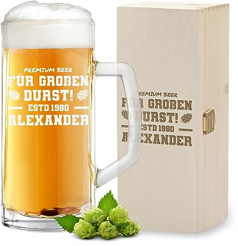 2-TLG Geschenk-Set Bierkrug 0,5 Liter und Holzkiste zum Geburtstag mit Gravur - Bierseidel Vatertagsgeschenk - Bierglas zum Jubiläum mit Füllstrich - für Papa, Opa und Freund