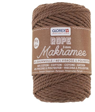 GLOREX 5 1007 31 - Makramee Rope 3 mm, 250 g, Braun, Länge 63 m, gedreht, superweiches Textilgarn aus 60 % Baumwolle, 40 % Viskose, zum Häkeln, Stricken, Knüpfen und textilen Gestalten