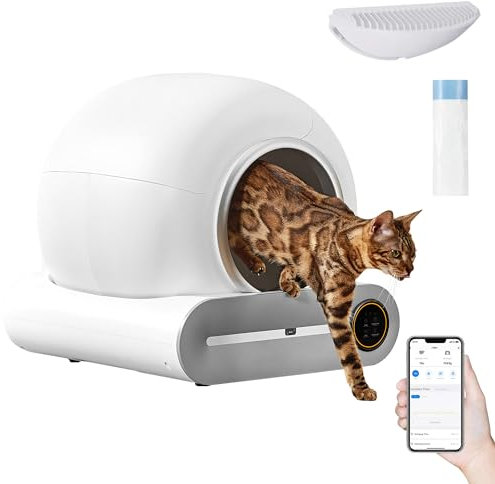 NEOCOZY Lettiera autopulente per gatti, con rilevatore a infrarossi e sensori di peso, lettiera automatica per gatti con rimozione degli odori, grande capacità 65 L+9 L, lettiera autopulente per più