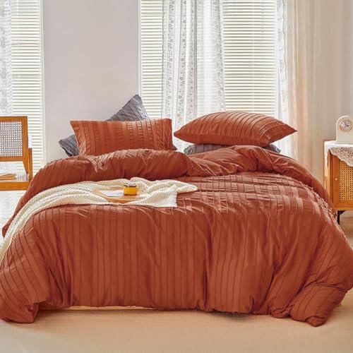 AShanlan Boho Bettwäsche 155x220 Terracotta Getuftet Stickerei Gestreift Bohemian Style Bettbezug Gewaschene Microfaser Wendebettwäsche Set mit Reißverschluss und Kissenbezug 80x80 cm