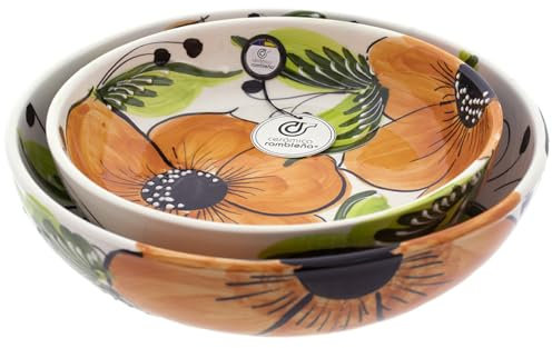 Ensemble de 2 saladiers décoratifs en céramique motif fleur orange Modèle 27 100 % fait main 24 x 24 x 5,5 cm + 27 x 27 x 7 cm