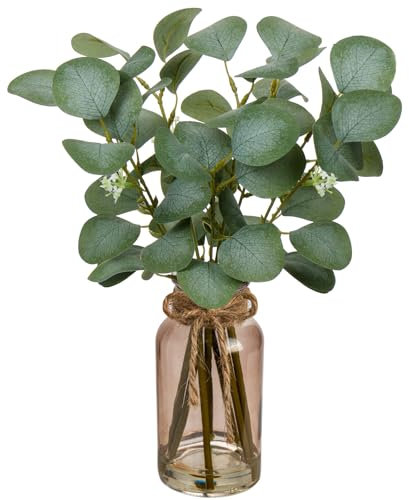 Branches d'eucalyptus artificielles de 35 cm avec vase en verre brun, plante en plastique, décoration réaliste dollar d'argent pour mariage, décoration de table, bureau, salon