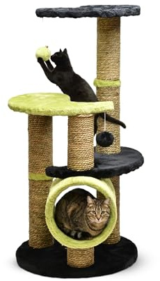 Aqpet Rascador de 86 cm de Cuerda de sisal con Doble Plataforma y túnel para el máximo Disfrute de tu Gato, Color Negro y Verde